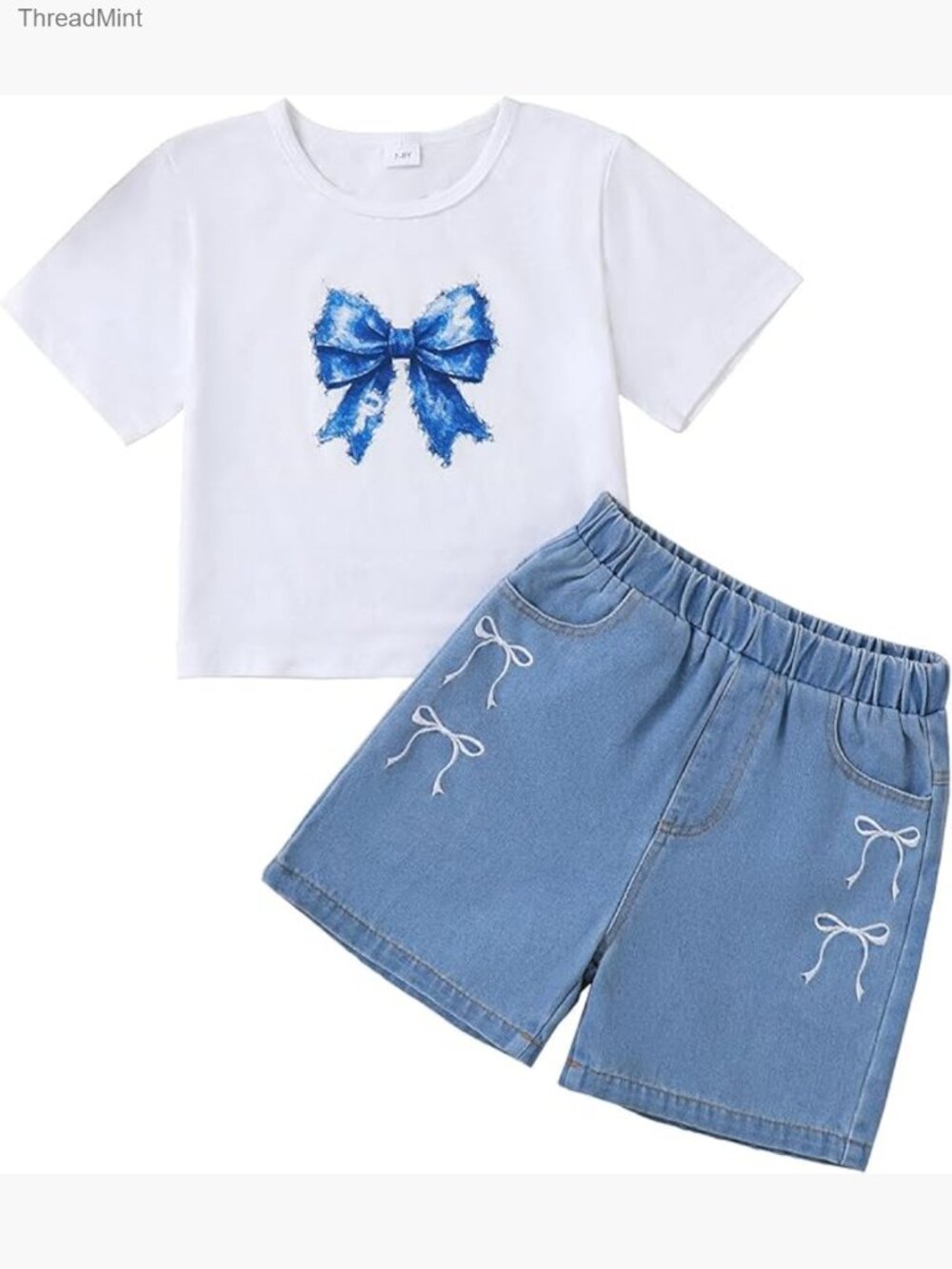 Girls 2 Piece Short Sleeve Tee and Jean Shorts Set with Pockets